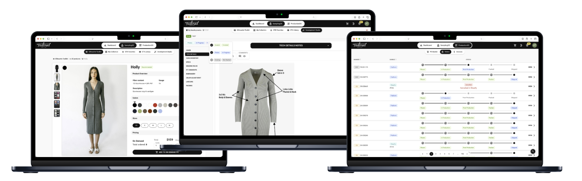 Tailored platform: design, tech packs, and production tracking across three views